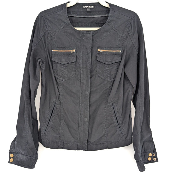 VTG Y2K Express Black Utility Jacket Cotton Canvas Zip Pocket Moto Style Small - Picture 2 of 8